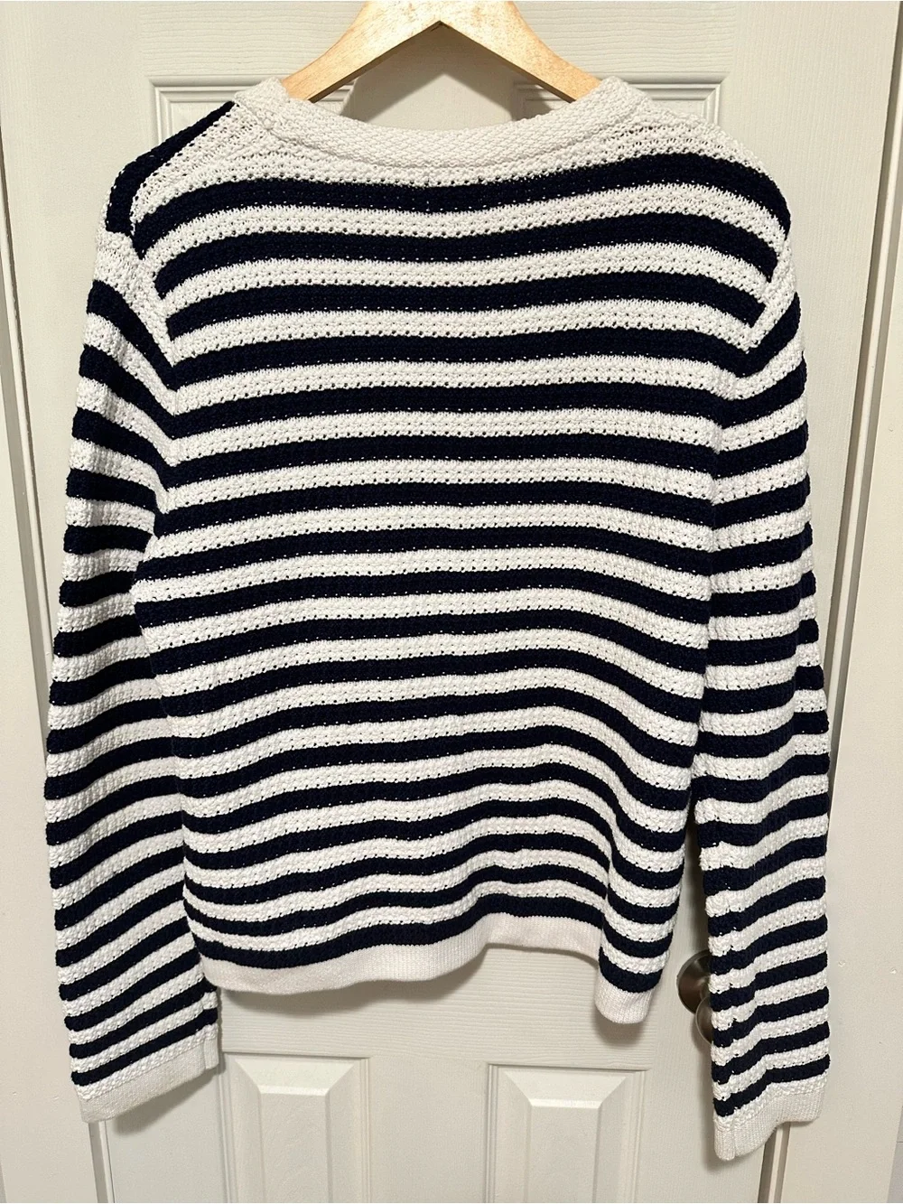 J. Crew Navy and White Striped V-Neck Button Cardigan